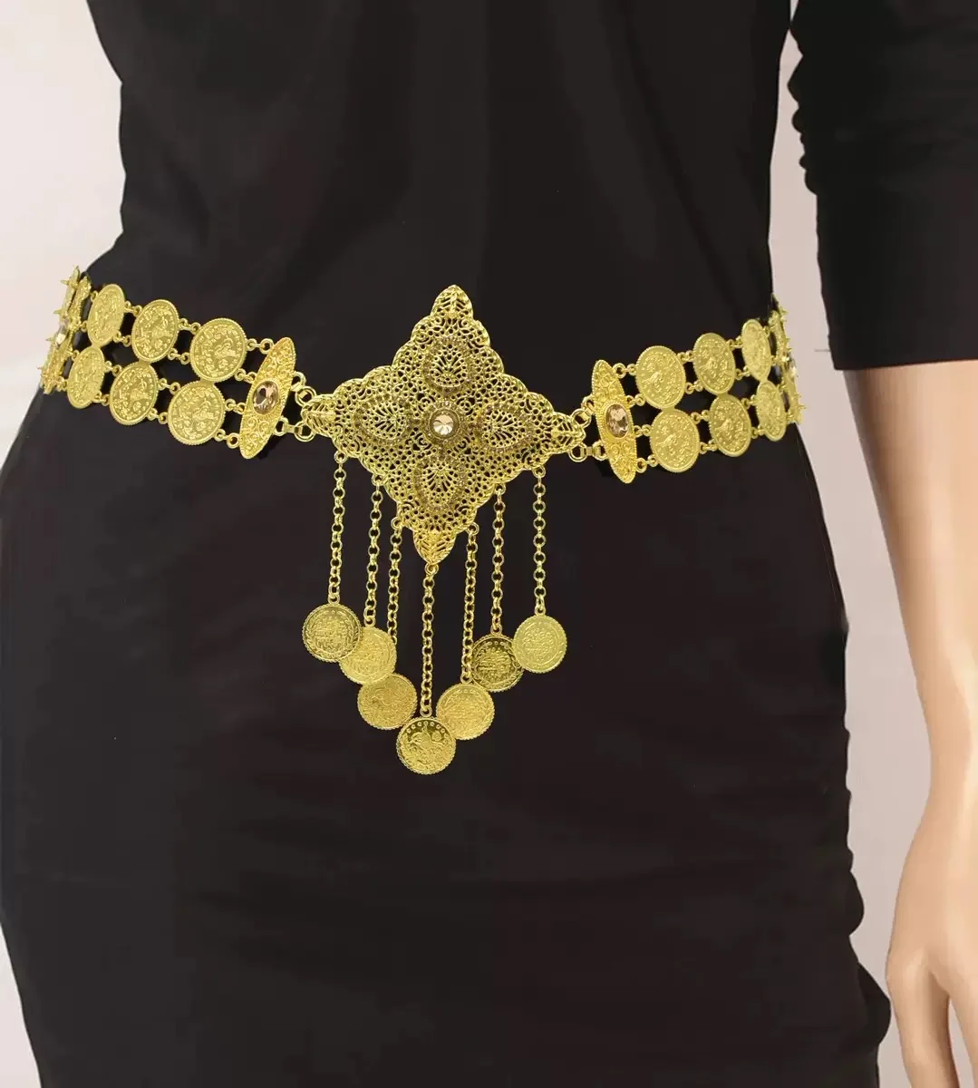 

Golden-Plated Vintage Ethnic Hollow Diamond Inlay Tassel Belt, Moroccan Bridal Accessory For Weddings & Banquets