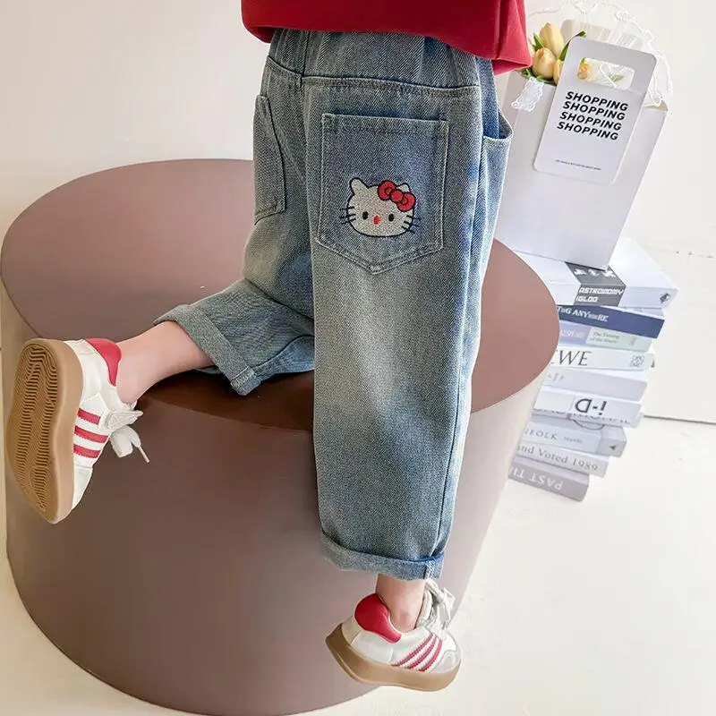 

Джинсы Sanrio Hello Kitty для девочек, детские прямые брюки с эластичной резинкой на талии, каваи, аниме, модная новая стильная повседневная одежда, хит продаж