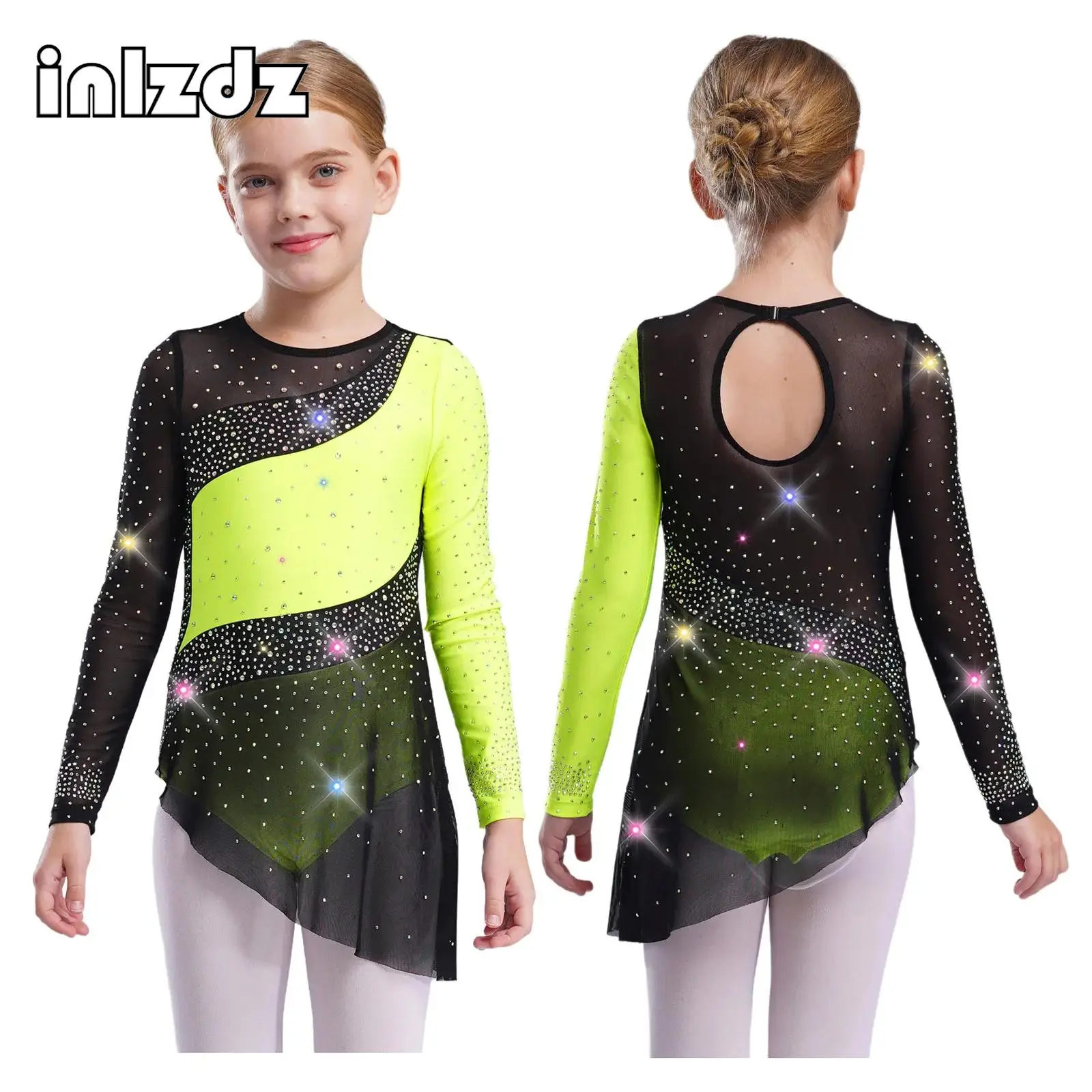 

Girls Sparkling Rhinestones Acrobatics Gymnastics Figure Skating Dance Costume Long Sleeve Color Block Leotard Dress Dancewear