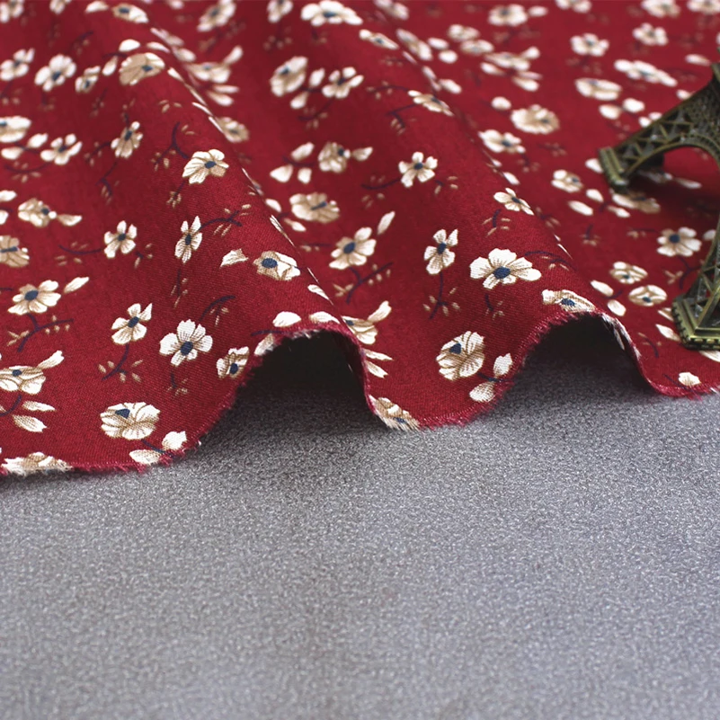 Vintage Floral Printed Fabric Dark Cotton Poplin Nave Red for Sewing Dresses DIY Handmade by Half Meter