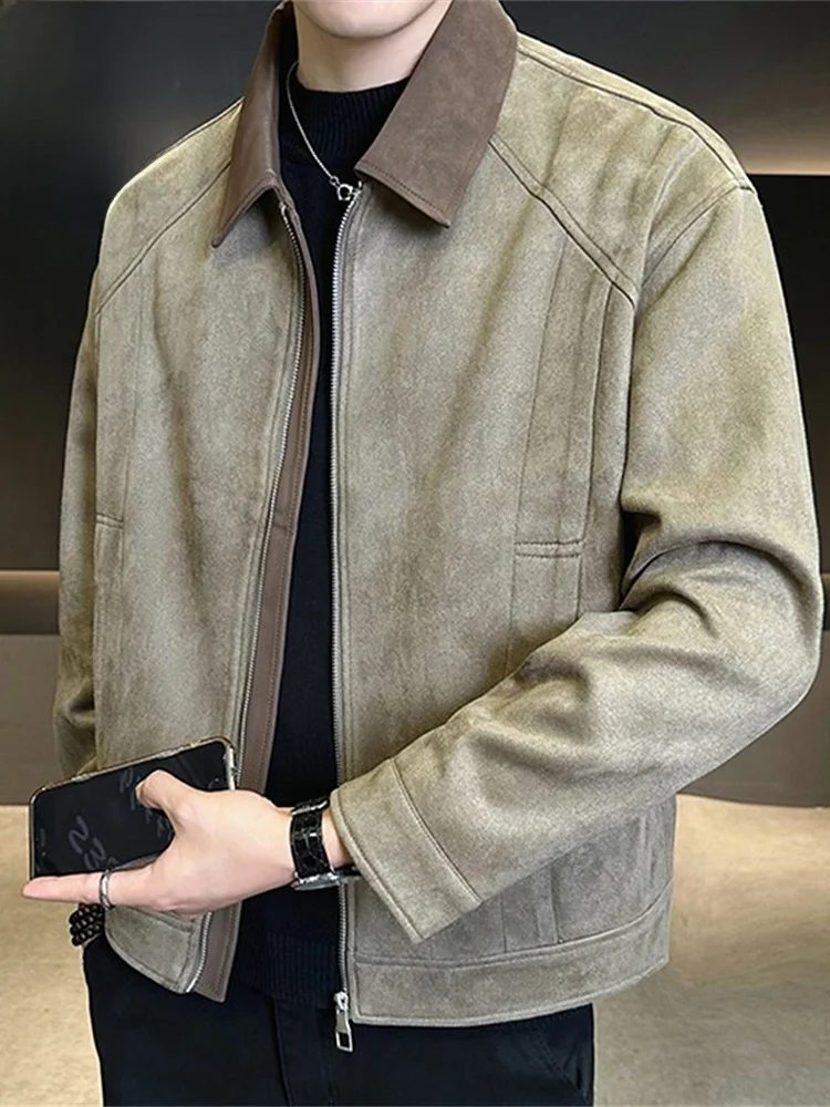 

Мужская замшевая куртка на молнии с длинными рукавами, весна 2026, повседневная, в стиле ретро, с цветными вставками, молодежная, из полиэфирного волокна