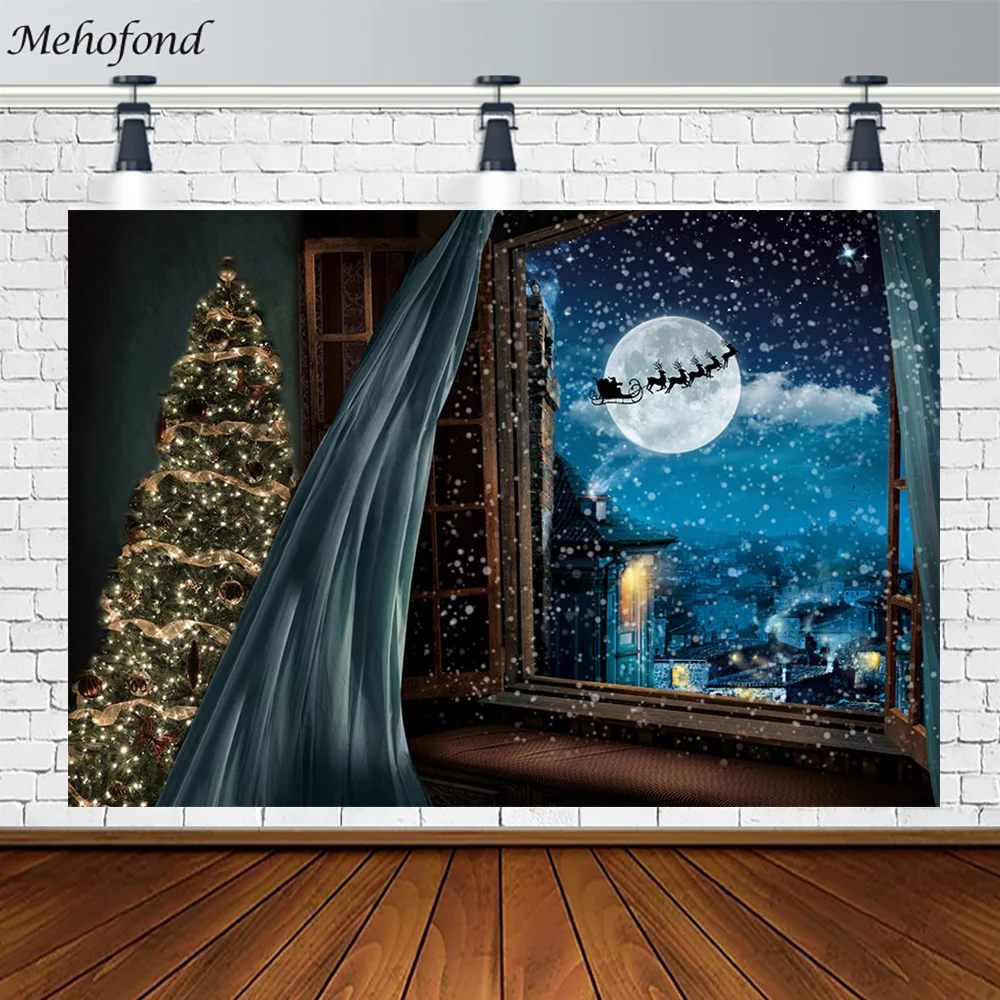 

Mehofond Christmas Backdrop Wood Window Snowflake Blue Sky Santa Claus Baby Portrait Photography Background Decor Photo Studio