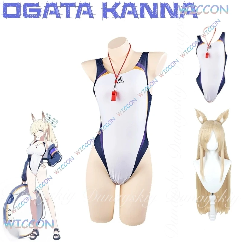 Traje de baño blanco y azul, juego de archivo Moe/azul, Ogata Kanna, Cosplay con peluca larga dorada clara con abrigo azul, disfraz de Cosplay completo