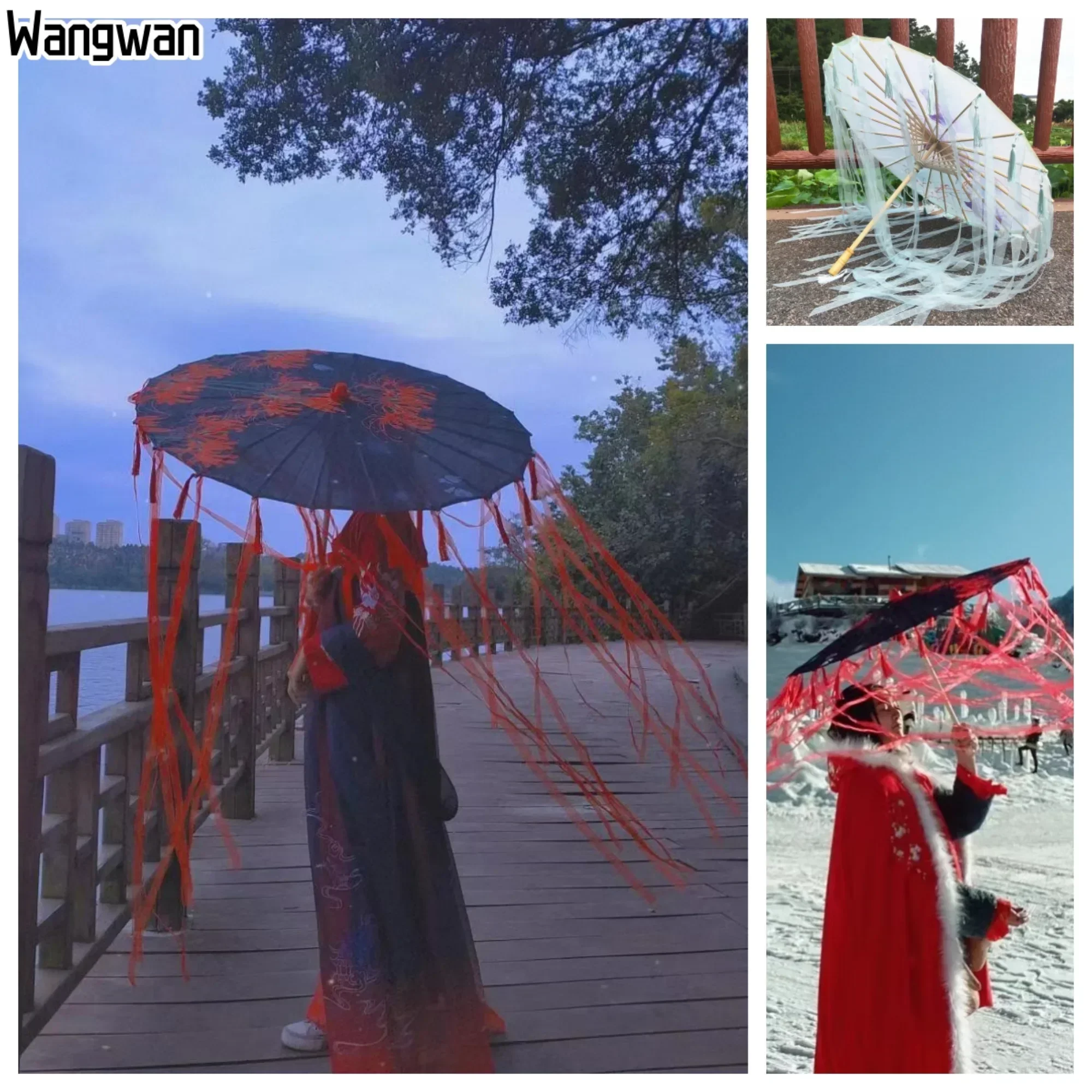 Chinese Umbrella Ancient Tassel Cos Hanfu Antique Oil Paper Umbrella Ancient Red Flower Ribbon Prop Parasol Woman cosplay Uv