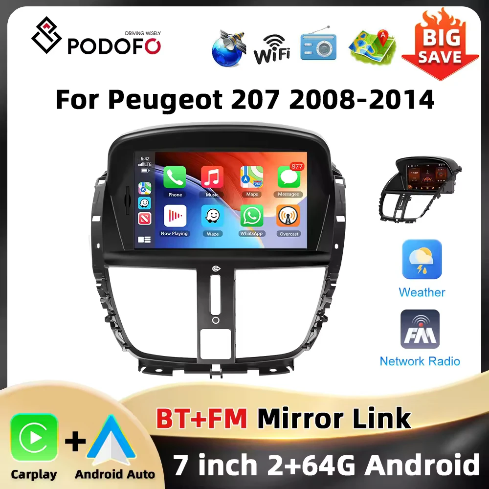 Podofo 2Din 2 + 64G autoradio pour Peugeot 207 2008-2014 lecteur multimédia Bluetooth GPS WIFI Carplay Android Auto FM/RDS Autoradio
