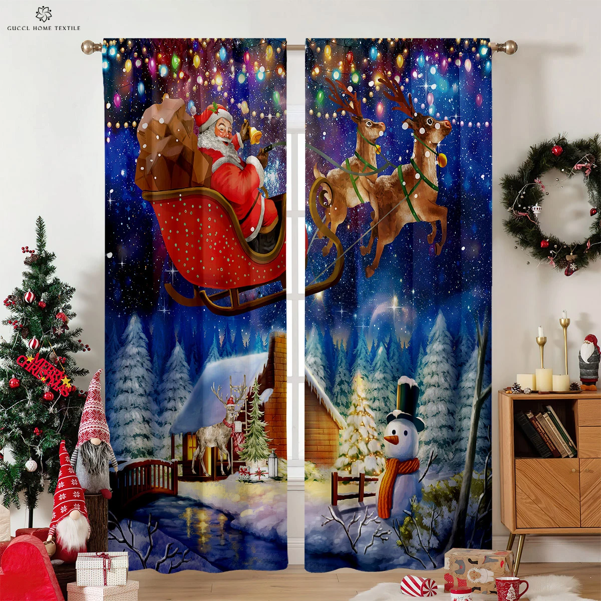 Santa Claus and Snowman 3D Printing Christmas Curtains, Holiday Decoration, Bedroom, Living Room, Restaurant, Holiday Gifts,