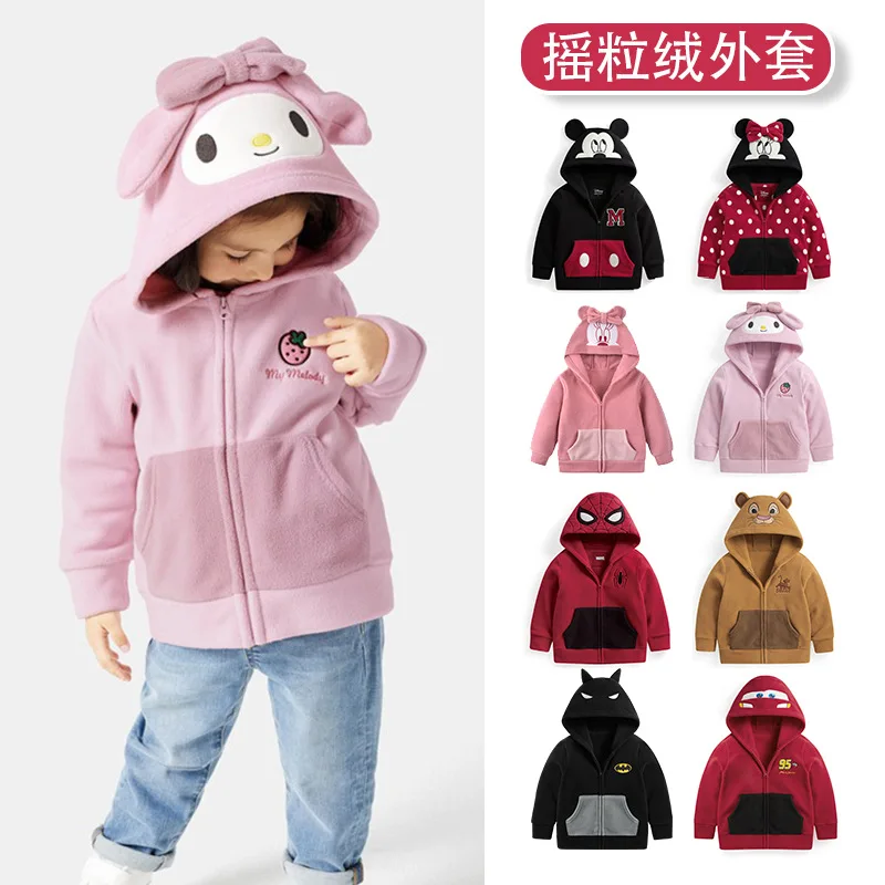 

New Sanrio Children Fleece Jacket Hooded Top Boys Girls Autumn Winter Warm Zipper Jacket Spiderman Mickey Cartoon Kids Clothing