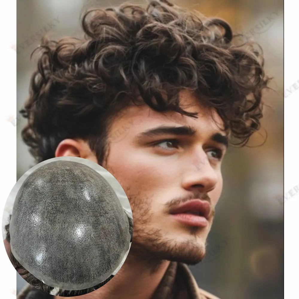 

24mm Curly Injected Full PU Ploy Skin Men Toupee Male Capillary Prothesis Remy Human Hair Grey Black Men Hair Replacement System