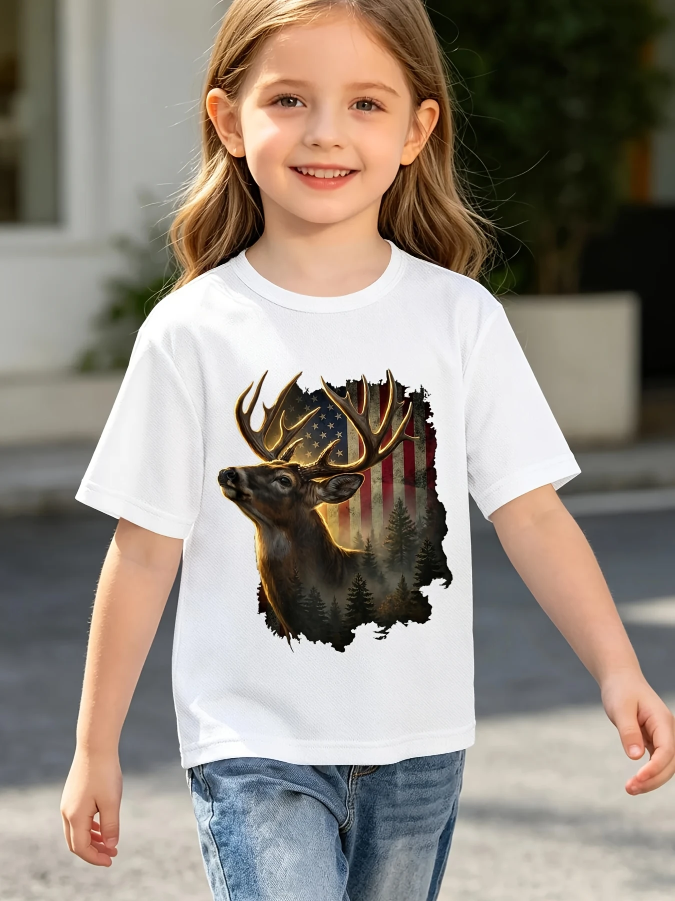 Vintage Us Flag Stag In Pine Forest Graphic T Shirt Boys Girls Hunting Short Sleeve Tee Family Matching Kids Casual Cotton Tops