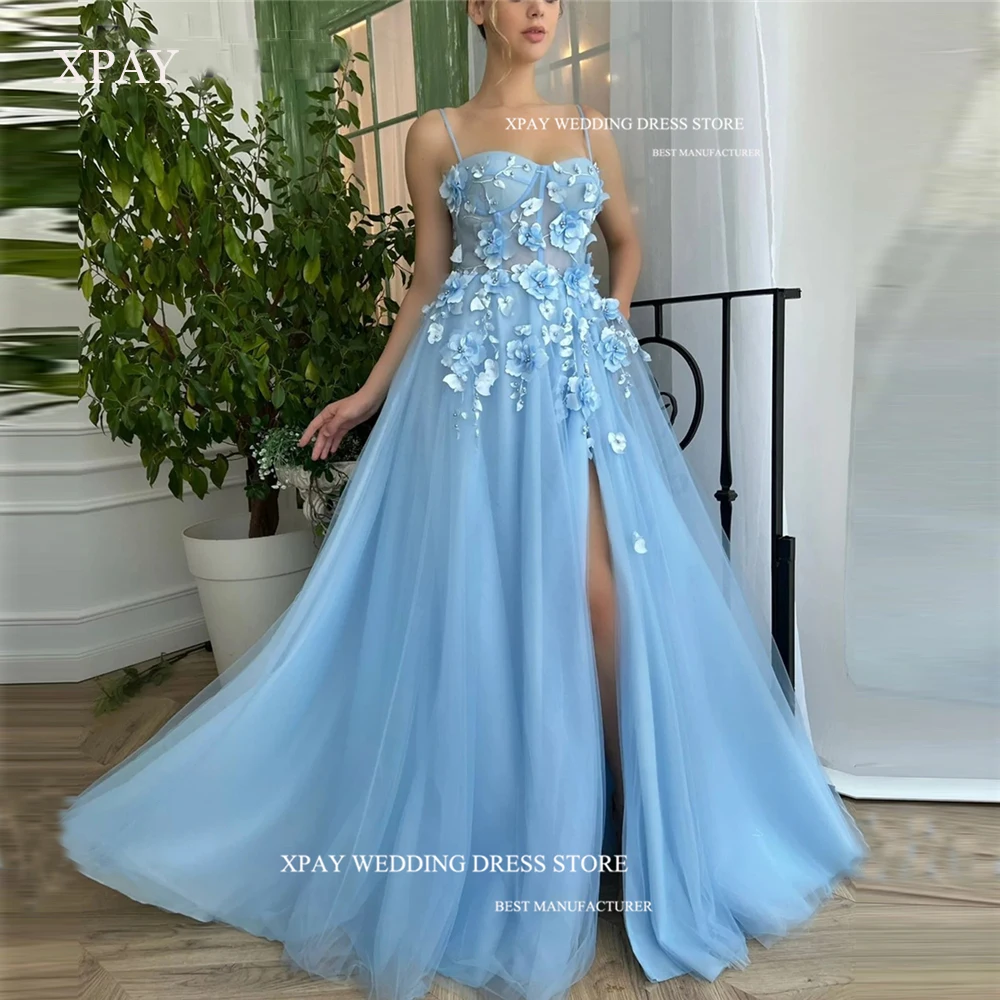 

XPAY Fairy Blue Prom Dresses Floor-Length Spaghetti Strap 3D Flowers Split Dubai Arabia Women Evening Gowns Cocktail Party Dress