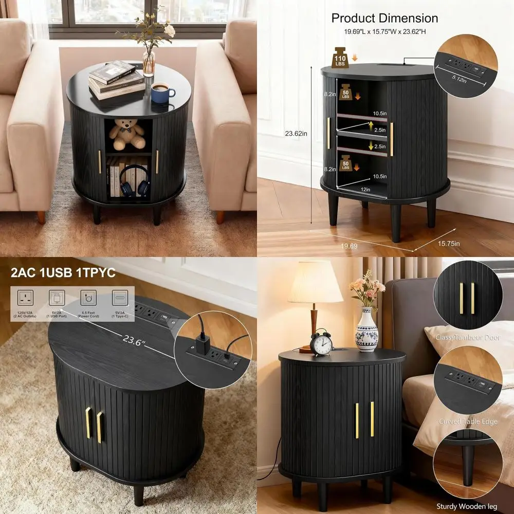 

Mid-Century Modern Nightstand with Charging, Fluted Accent Table, Sliding Door & Adjustable Shelf for Small Spaces, Living & Bed