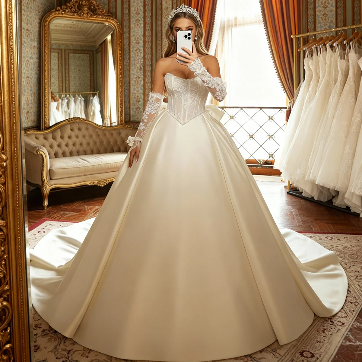

Элегантное атласное кружевное свадебное платье с бисером для женщин, свадебное платье без бретелек, бальное платье с длинными рукавами для невесты, Vestidos Novia