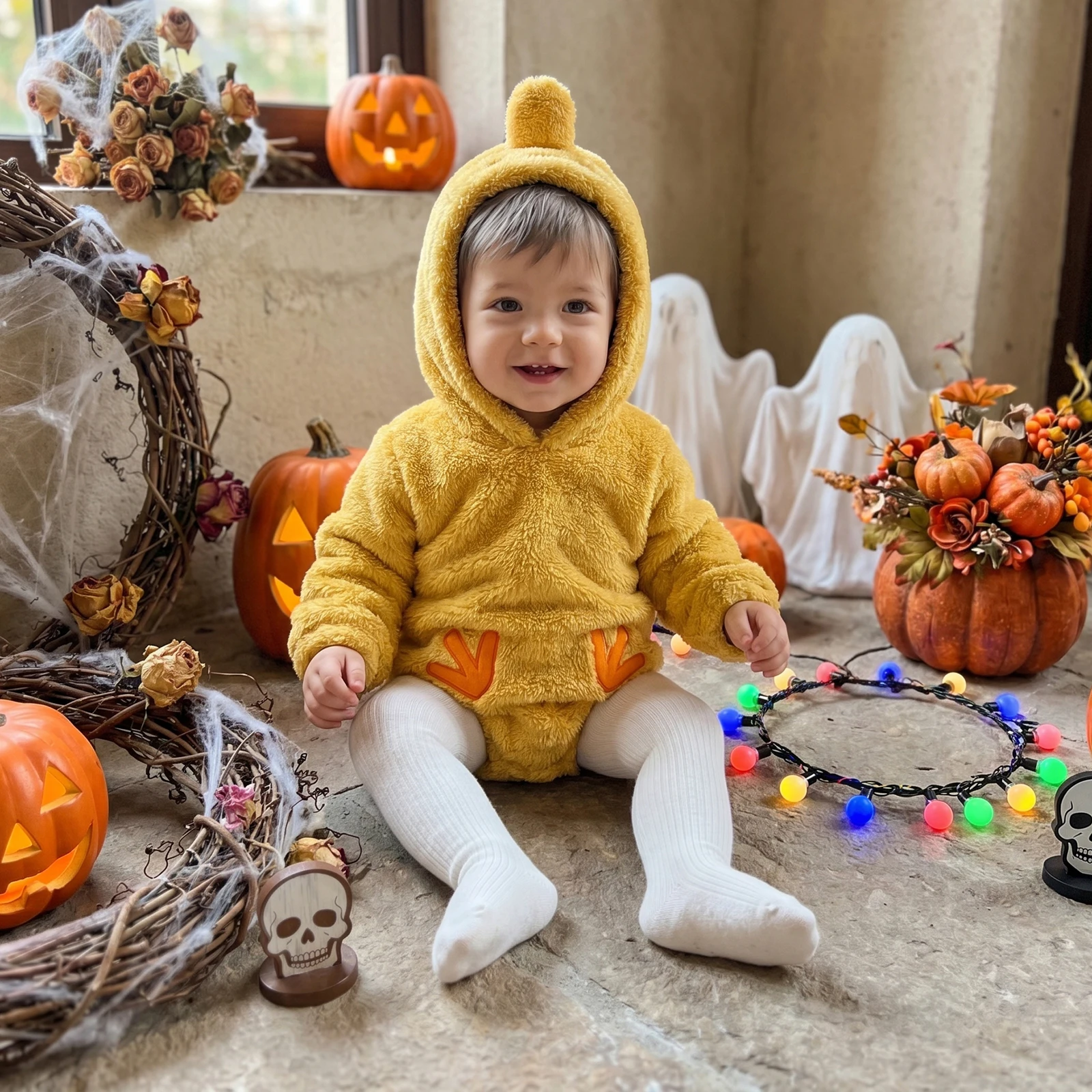 Mono con capucha de pollo para bebé, disfraz de animal peludo para Halloween para bebés