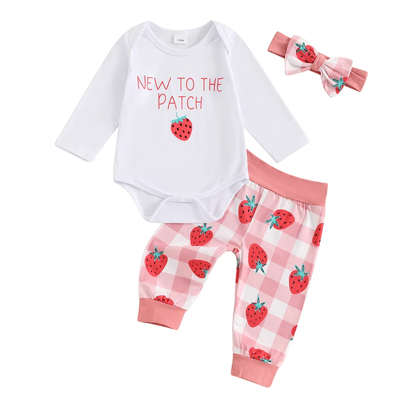 

Baby Girls Fall Outfit Strawberry Print Long Sleeve Romper with Pants and Bowknot Headband Clothing Set