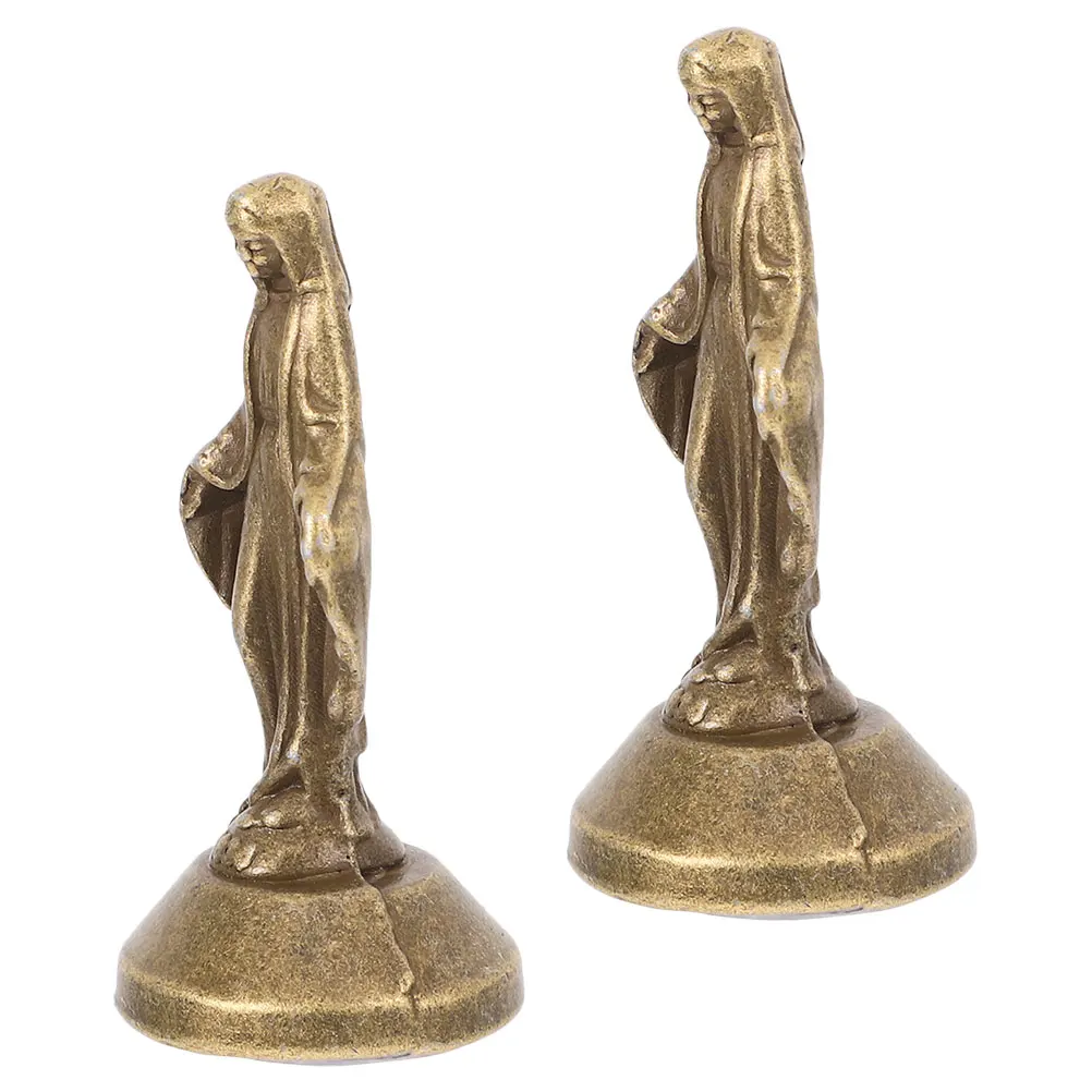 

2pcs Virgin Statue Brass Holy Lady Figurine Sculpture Mother Small Ornaments Catholic Mini