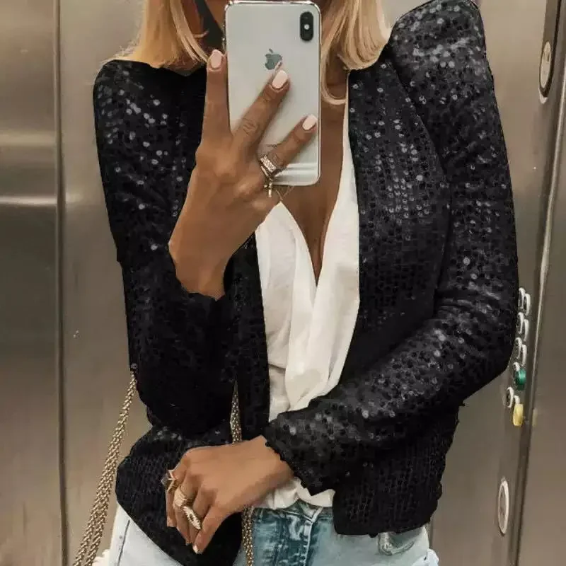 2024 Fashion Sequin Jackets Women Glitter Long Sleeve Short Coats Elegant Spring Outwear Office Ladies Solid  Streetwear Jacket