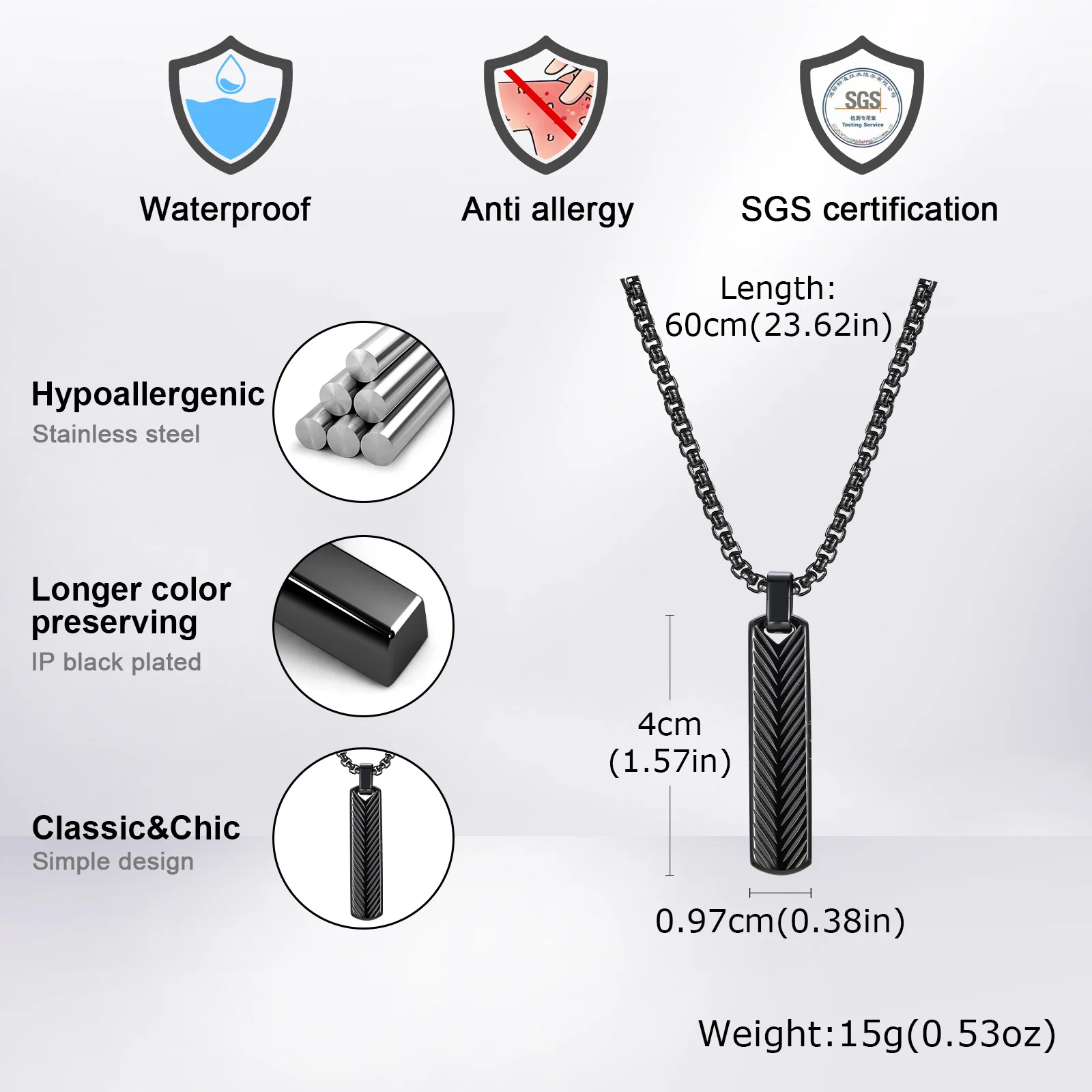 Vnox Stainless Steel Vertical Bar Pendant Necklaces for Men Boys, Black Silver Color Metal Collar, Simple Casual Jewelry Gift - Image 5