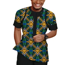 2pcs set Men Top Shirt and pant trousers set Bazin Riche African Men Clothes Cotton Print Patchwork Short Sleeve Dashiki WYN943