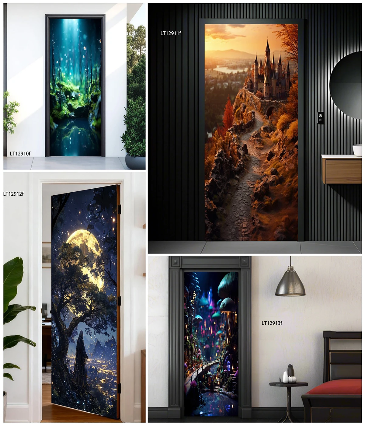 Fairy Magical Glowing Forest Scenery Door Sticker Waterproof Self Adhesive Decal Tear Resistant Indoor Home Door Wrap Decor