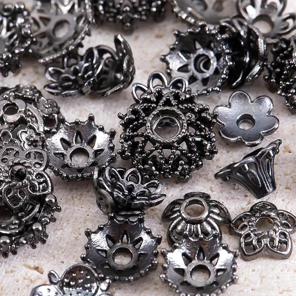 10pcs Gunblack Alloy Flower Cap Hollowed Spacers Bead Caps For DIY Bracelet Keychain Crafts Jewelry Accessories Materials - view 3