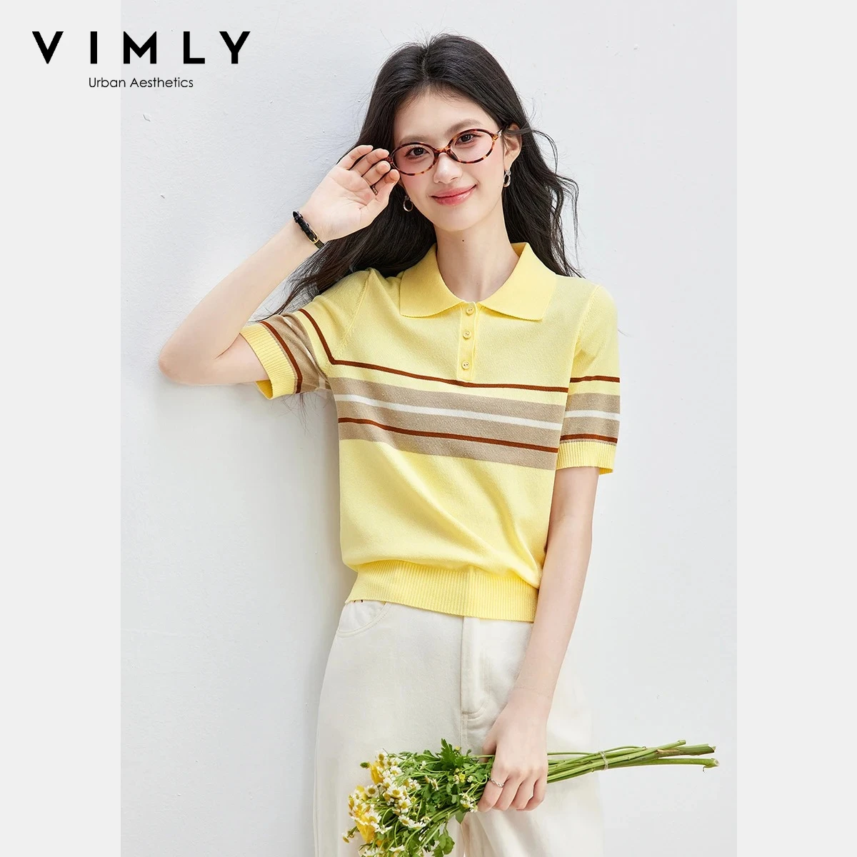 

VIMLY Women's Contrasting Stripes Knitted T-shirt Summer 2026 New Polo Neck Casual Versatile Short Sleeve Yellow Top 75373