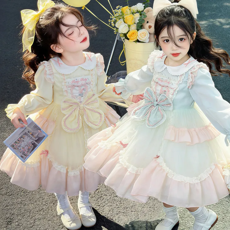 Girls Lolita spring and summer new girls long short sleeves foreign style haute couture skirt birthday dress