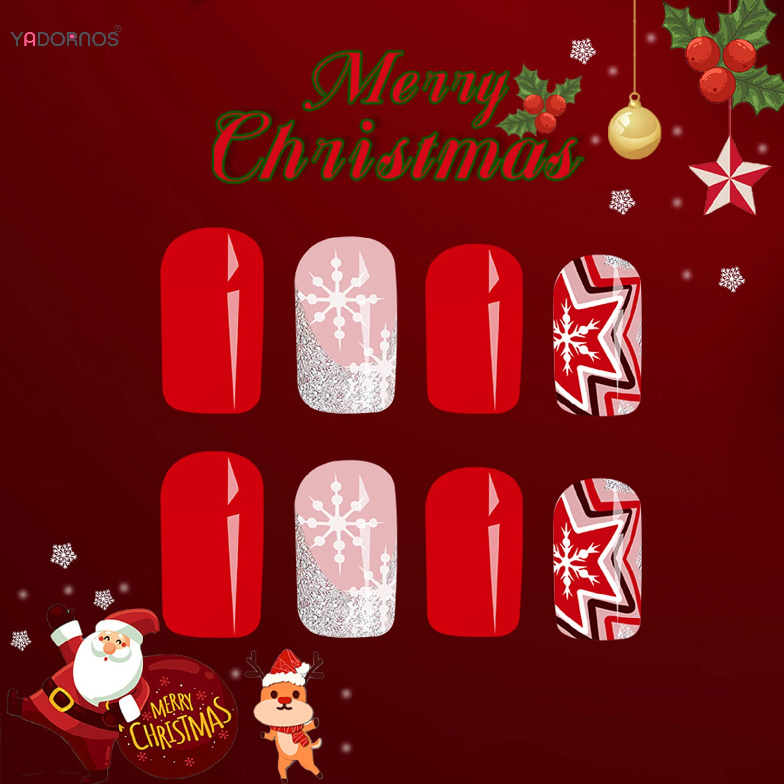 New Christmas Nail Art Press-On Nails Set Short Squre Nail with Holiday Elements Removable Star&Snowflake Pattern DIY Manicure