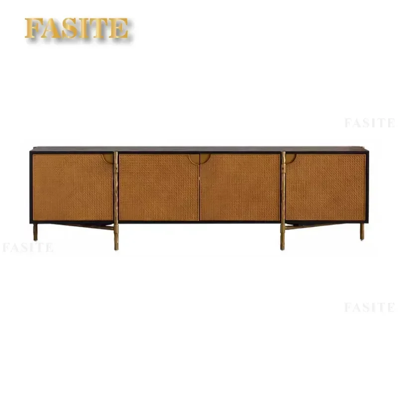 TV Cabinet Solid Wood Wrought Iron Rattan Retro Media Console Vintage Audio Visual Storage Furniture Living
