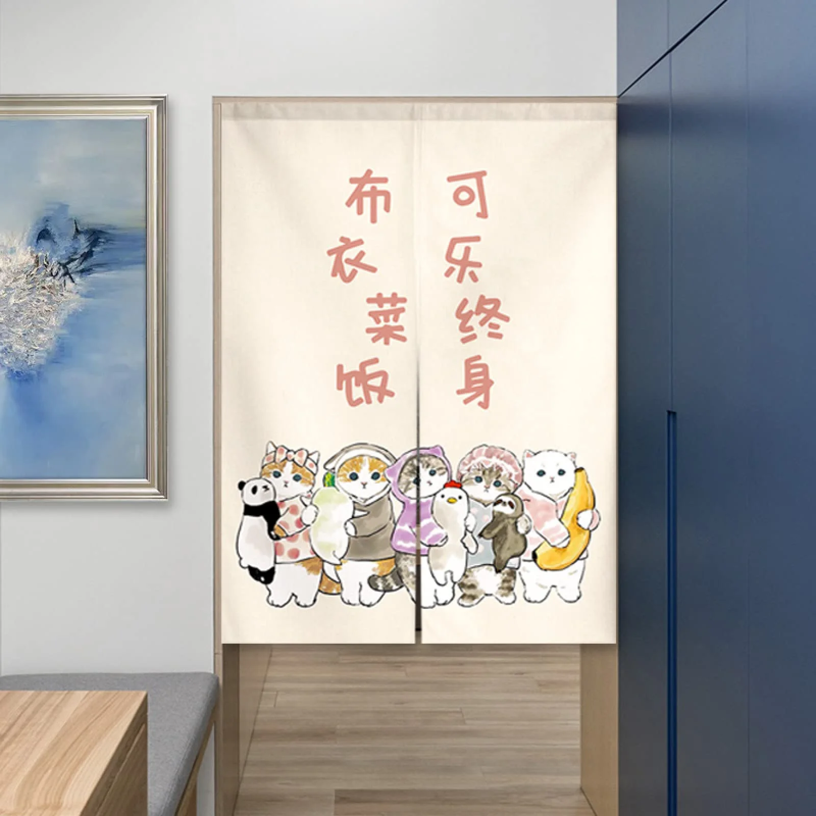 VIKAMA Lazy Cat Illustration Door Curtain for Bedroom Privacy Screen Home Use No-Drilling Half-Length Curtain Home Decor