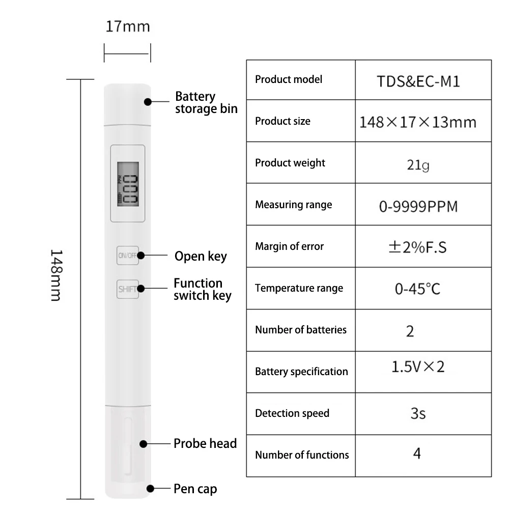 TDS 미터 테스터 휴대용 감지 수질 테스트 펜, 0-9999 PPM 측정 범위