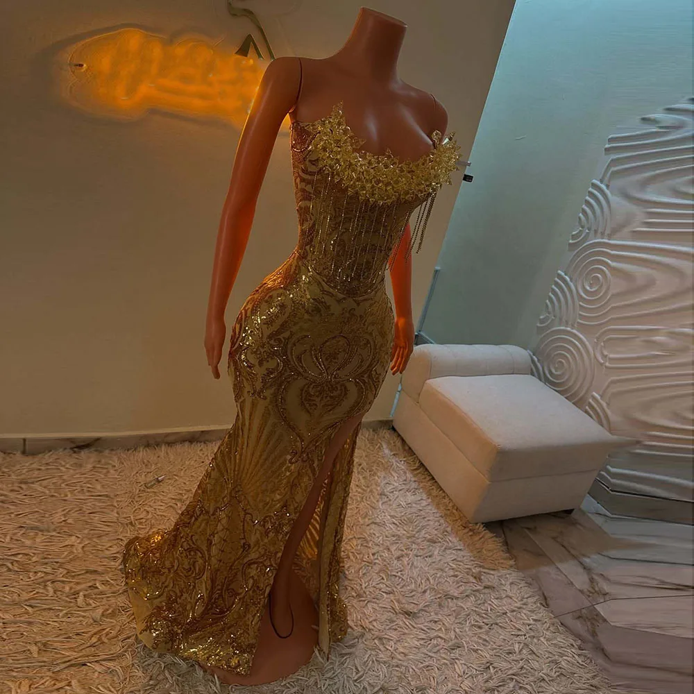 

Gold Prom Dresses Luxury 2025 Strapless Mermaid Evening Gowns Luxury Beading Occasion Party Dress Customized