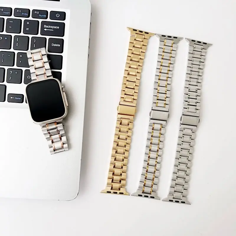 Metal Band for Apple Watch Ultra 2 49mm Stainless Steel Bracelet for iWatch Series Ultra 9 4 5 SE 6 7 8 Five-Bead Steel Straps