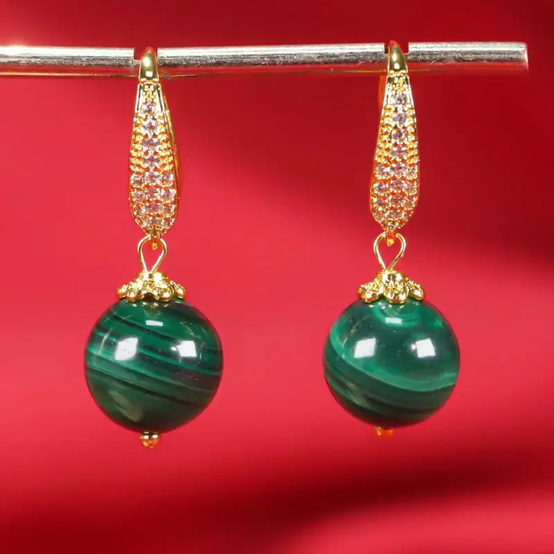 

12mm Natural Malachite Zircon Earrings Women Healing Gemstone Fine Jewelry Genuine Malachite Stone Round Beads Dangle Earrings
