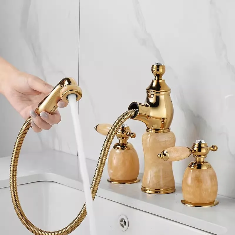 Tuqiu Gold Jade and Brass Basin Faucet with Shower Head Bathroom Sink Faucet Mixer Tap Widespread Pull Out Rotation Sink Mixer