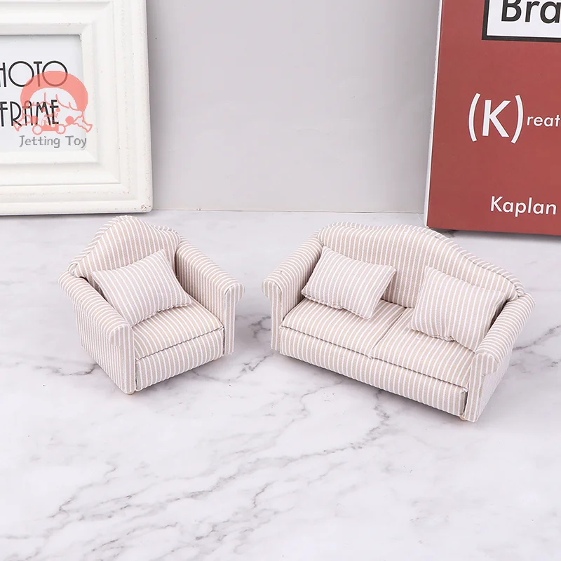 Mini Dollhouse Furniture Sofa with Pillow Set Simulation 1:12 Miniature Living Room Kids Pretend Play DIY Doll House Decor