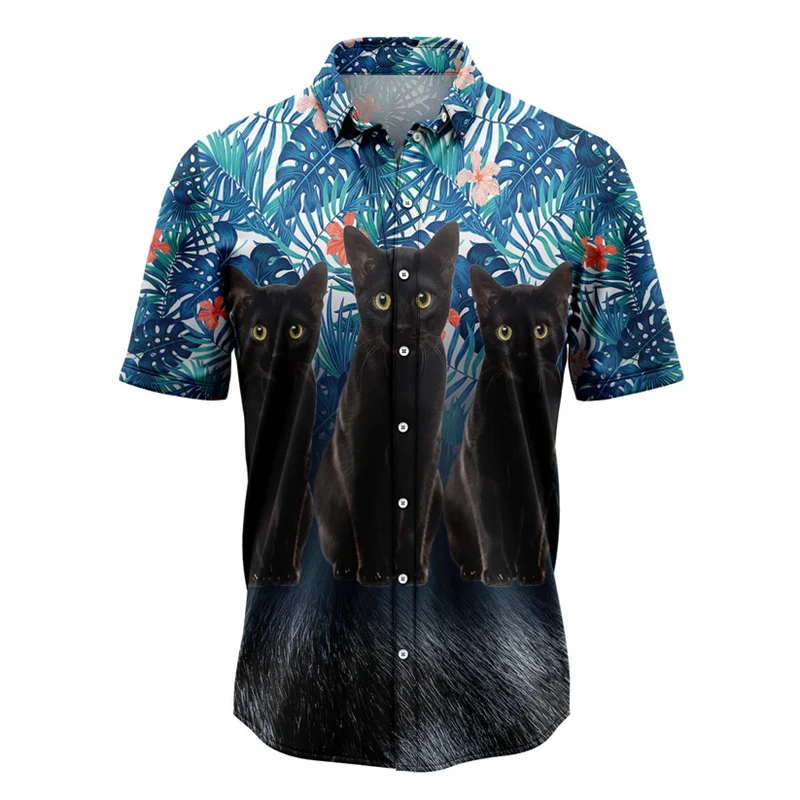 

Funny Black Cat Pattern Hawaiian Shirts Summer Fashion Short Sleeve 3D Printed Cat Lover Shirt Loose Breathable Lapel Blouse