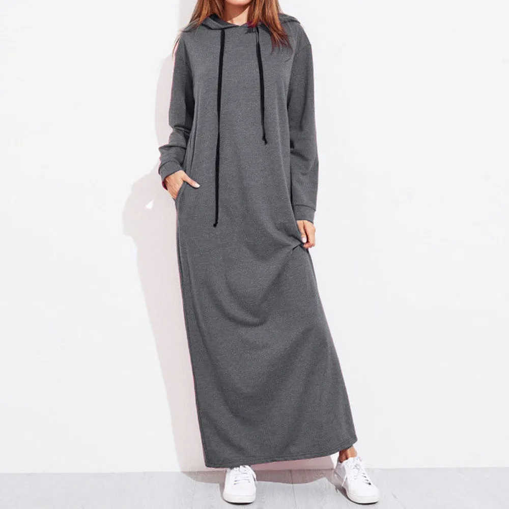 

Long Sleeve Loose Fit Hooded Maxi Sweatshirt Dress Ladies Casual Pocket Comfy Dresses Solid Color Drawstring Plain Dress