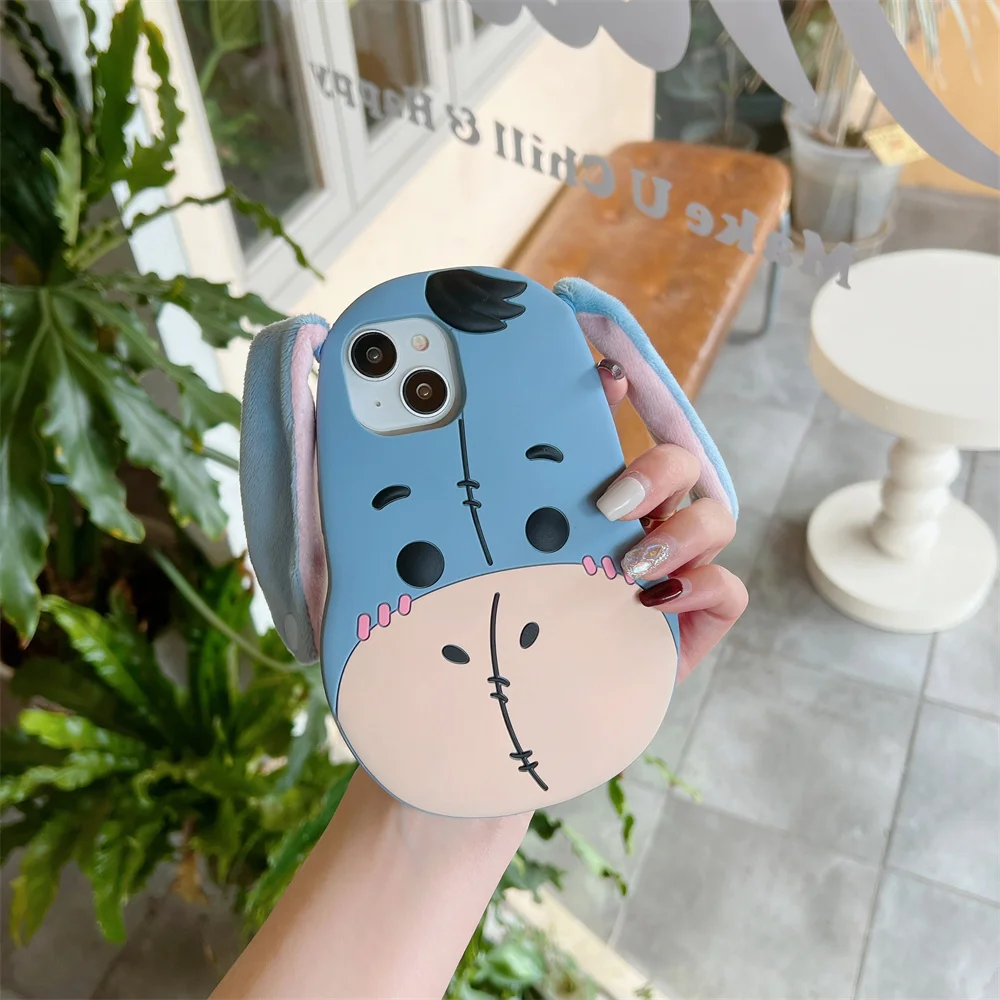 Cute 3D Long Ears Stitch Eeyore Donkey Soft Silicone Phone Case For iPhone 16 15 14 Pro Max Plus 13 12 11 Pro Max XR XS X Cover