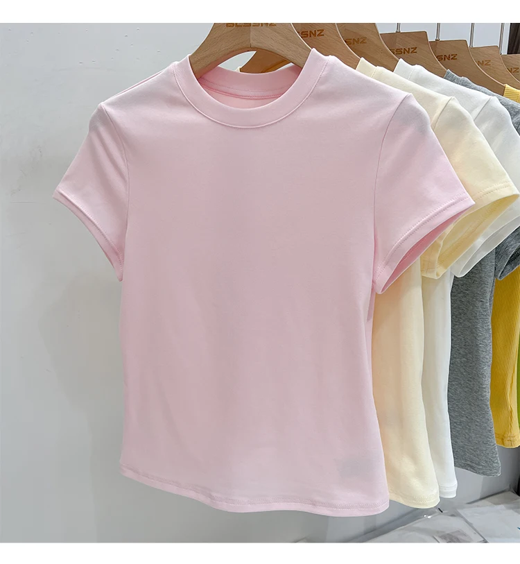AOSSVIAO 2026 Summer Solid Color Women's Short Sleeve T-Shirt American Vintage Y2K Slim Basic O-Neck Tee Trendy Slim Fit Tops