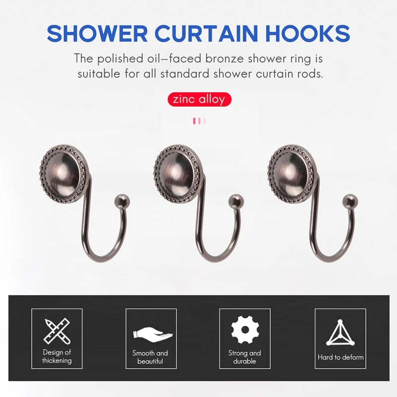 Shower Curtain Hooks Oil Rubbed Bronze,Rustproof Decorative Shower Curtain Rings,16 Pcs, Bronze