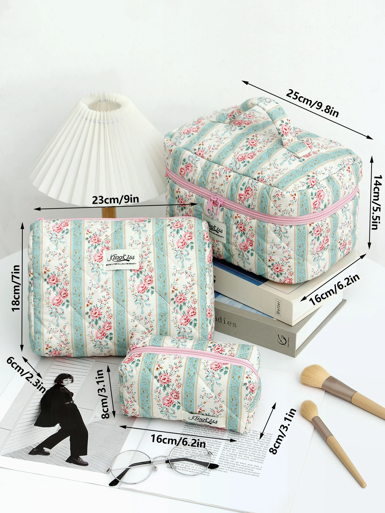 1 stk/set roze bloem groen streeppatroon multifunctionele cosmetische opbergtas organizer met ritssluiting voor thuisreizen en school