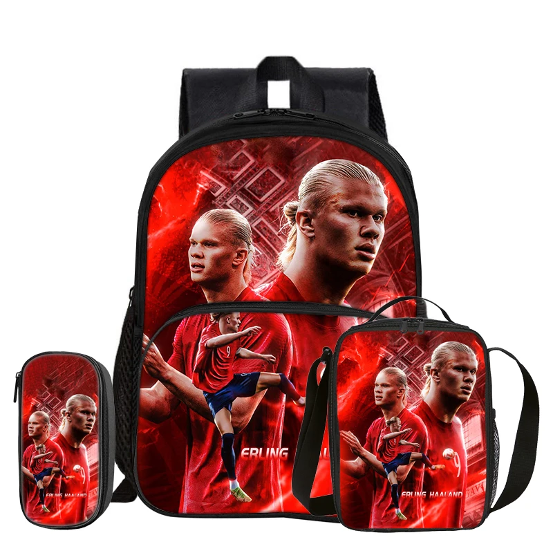 Haaland 3 Pcs set with Front Pocket Backpack Sports with Thermal Insulated Lunch Tote Purse Football Star Pencil Case Kids Gift