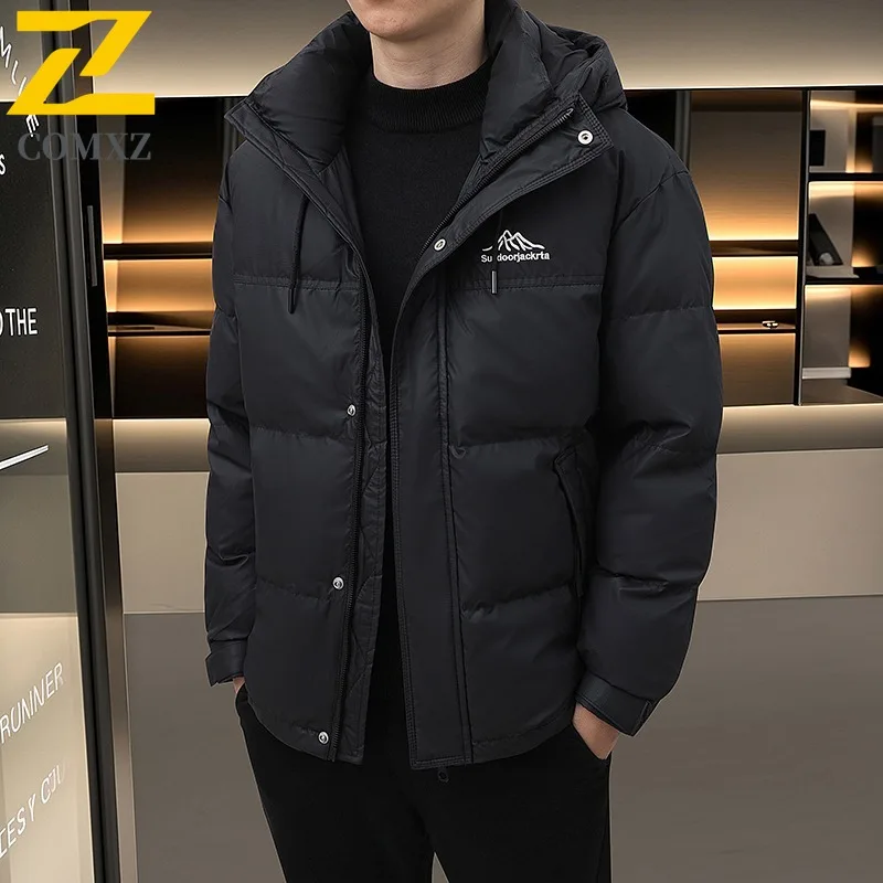 COMXZ White Duck Down Mens New Classics Splicing Hooded Climbing Lightweight Parka Casual Working Cold Protection Winter Garment