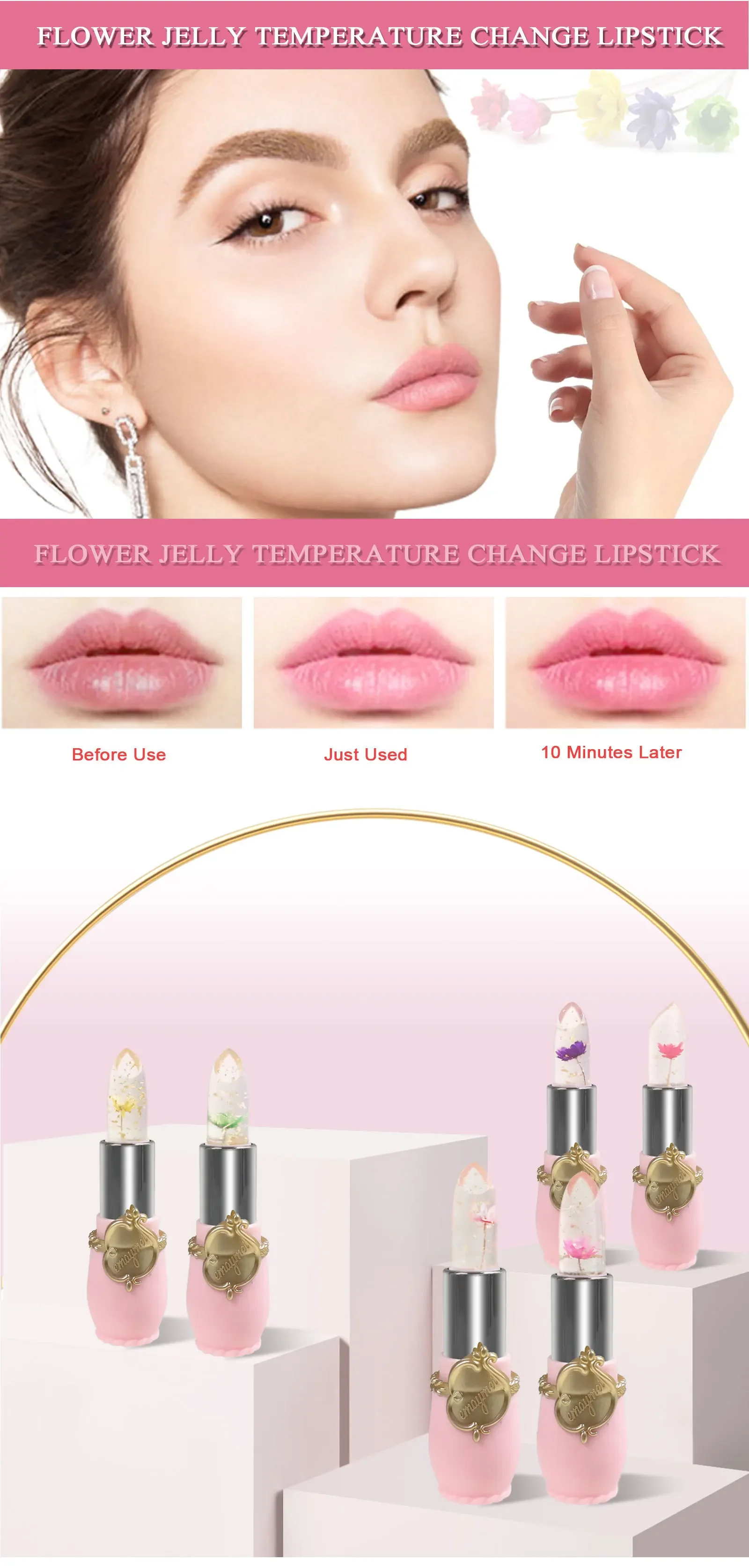 6-teiliges Make-up-Lippenstift-Set, trockene Blume, Gelee, kristallklar, langlebig, feuchtigkeitsspendende Lippen, Farbwechsel, rosa Lipgloss, Kosmetik – Detail 2