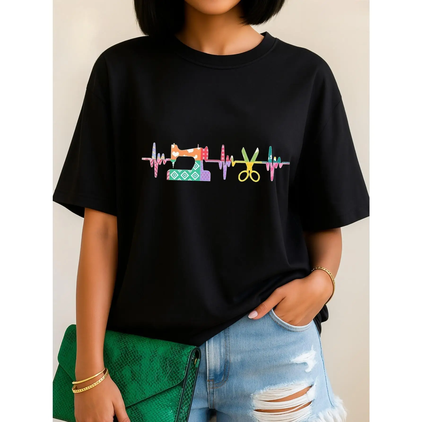 

Women Sewing T-Shirt Sewing Machine Graphic Tee Quilter Crafter Hobby Print Fashion Designer Gift Casual Top Tailor Apparel