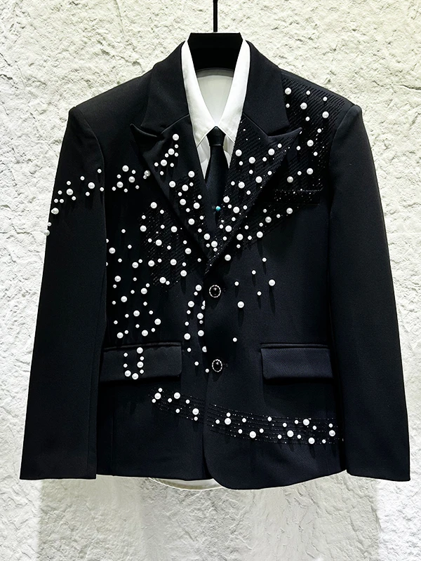 

New Heavy Du Beaded Thermal Diamond Men's Casual Faionable High-End Spring Suit Jaet Loose Fit No Ironing Required