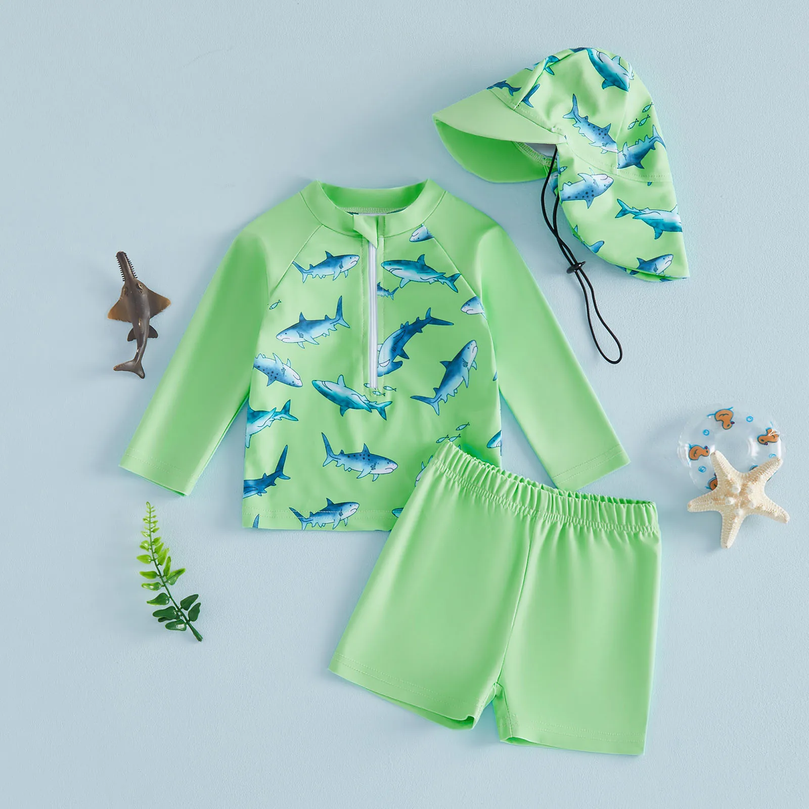 Toddler Infant Boy Rash Guard Swimsuits Shark Print Long Sleeve Round Neck Tops and Shorts Hat 3pcs Sets Summer Beachwear view 2