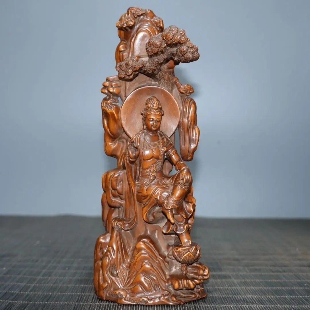 Hand Carved Wood Mountain tree guanyin bodhisattva Statue Figurine Desktop Ornaments Home Decoration