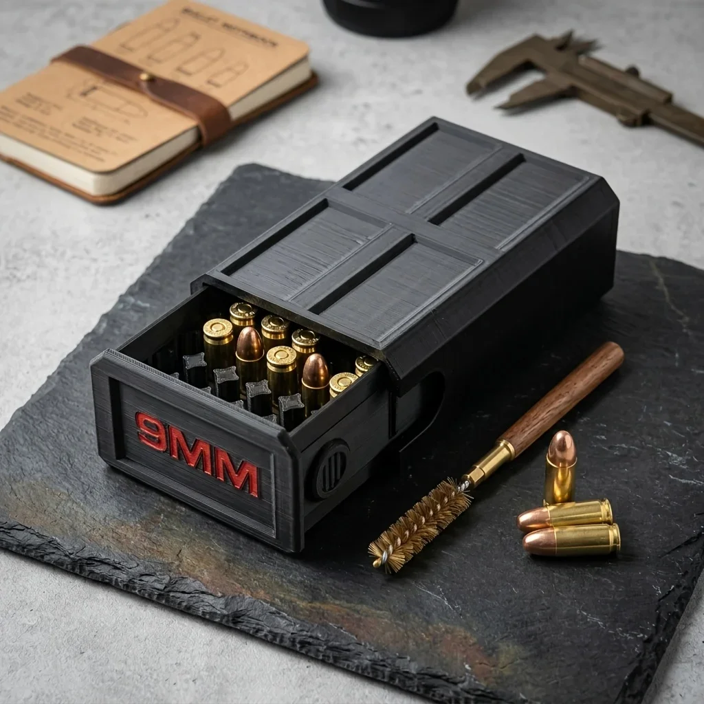 Tactical Range Gear, 3D Printed 9mm Ammo Box with Side Lock, 50-Round Drawer, Ideal Gift for Dads & Graduates