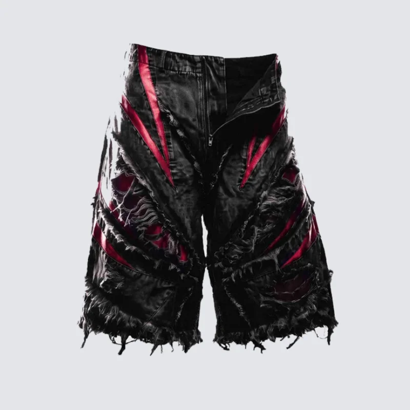 MWJLPWQ Dark High-Street Distressed Fringed Denim Shorts Men's Red Satin Patchwork Deconstructed Zipper Wide-Leg Shorts 21466